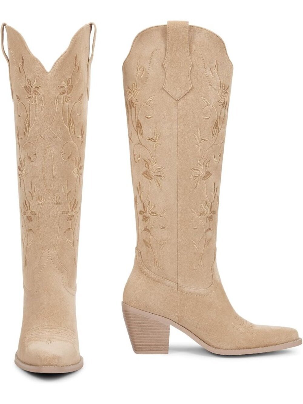 Women's Tan Knee High Cowgirl Boots Retro Embroidered Chunky Heels Boots - Picture 4 of 6